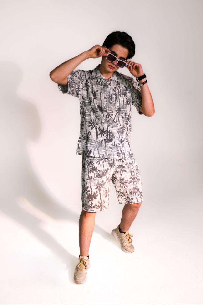 ست تیشرت یقه دار آستین کوتاه و شلوارک مدل هاوایی پسرانه