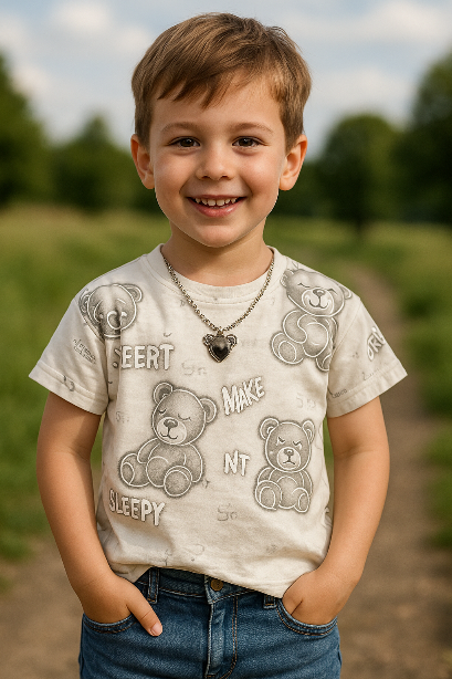 تیشرت آستین کوتاه وارداتی طرح خرس و گردنبند