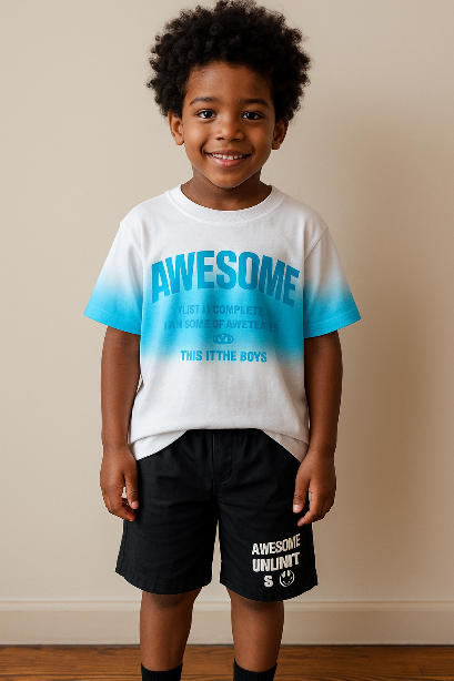 ست تیشرت تمام نخ و شلوارک کتان سفید و ابی پسرانه